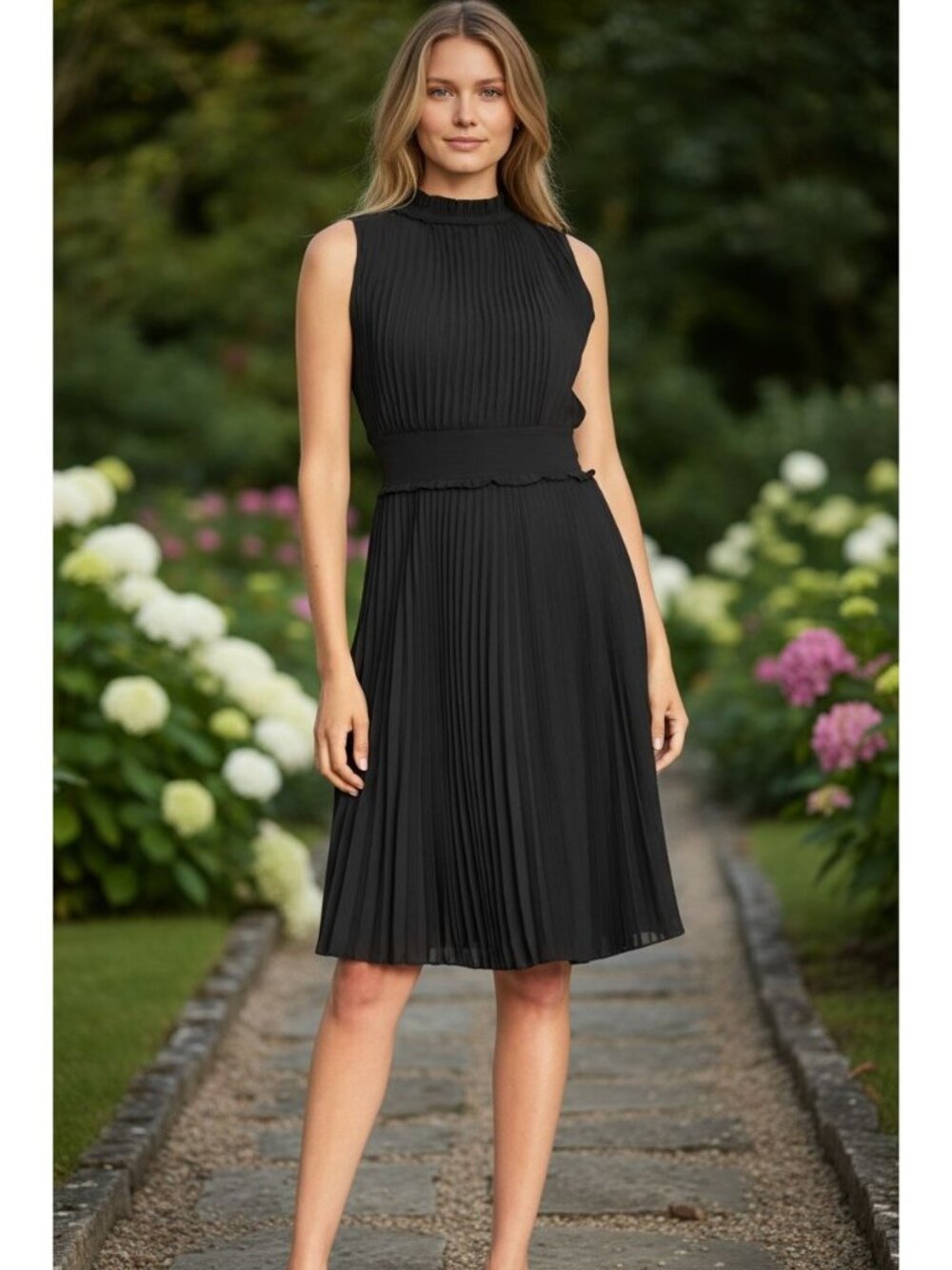 Nanette Lepore Black Sleeveless Pleated Mock Neck Dress Size 8